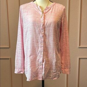 Talbots Button Up Blouse Pink/ White V Neck Toll Sleeve M